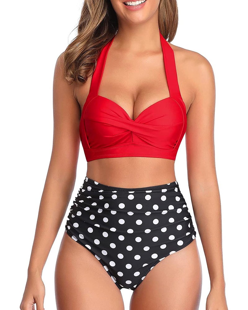 Tempt Me Women Two Piece Swimsuit High Waisted Bikini Halter Vintage Retro Bathing Suit Red Black Dot Push up Swimwear XL - Image 1